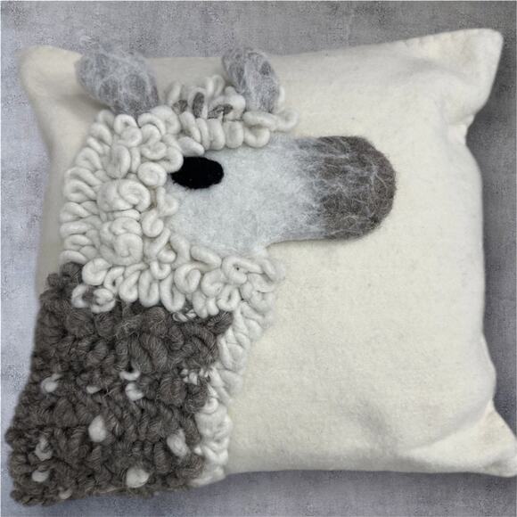 Anthropologie Throw Pillow Wool Llama Ernie & Irene Textured 3D Decorative - Picture 1 of 10